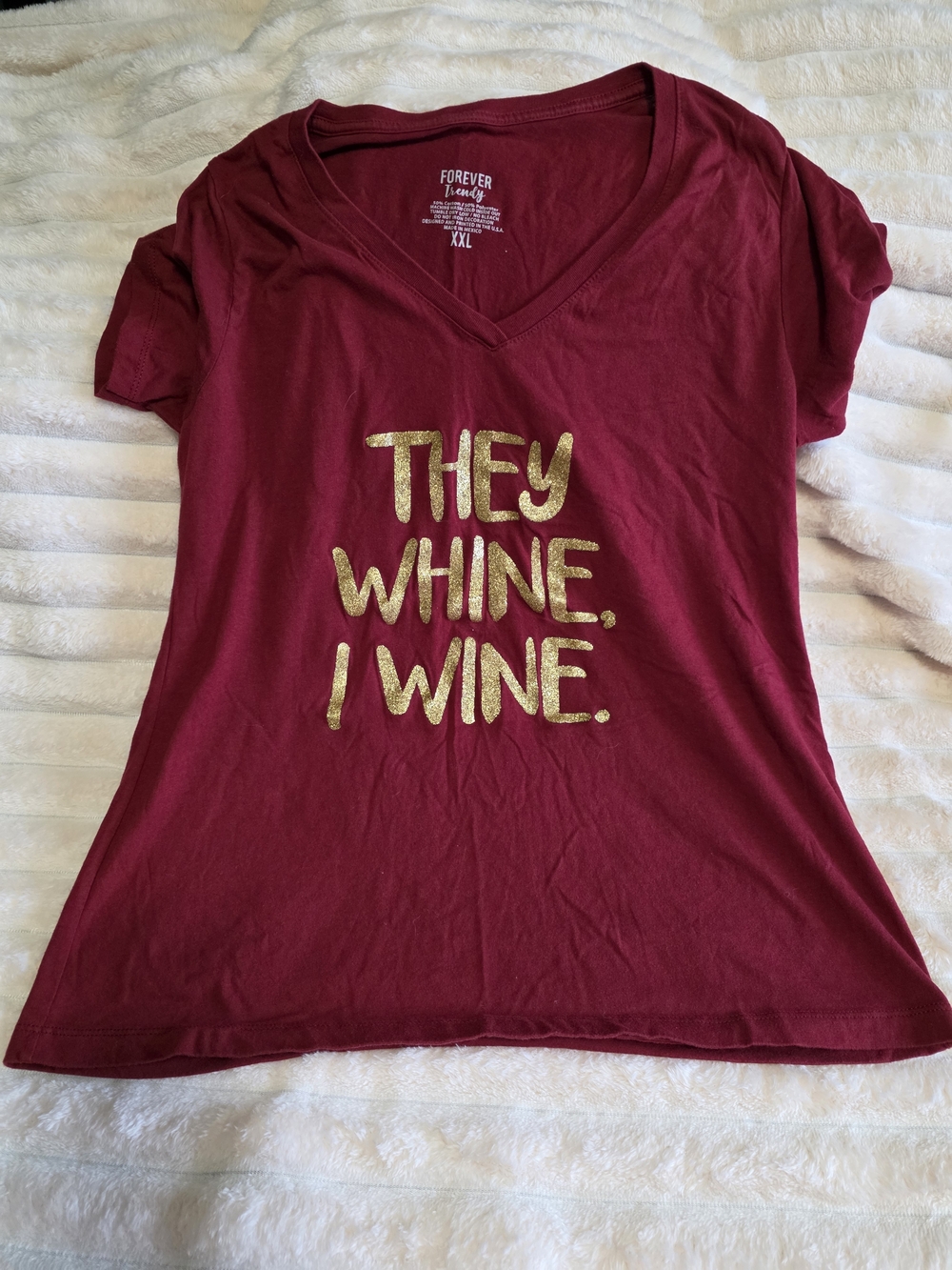 Forever Trendy Burgundy V-Neck Tee with Gold Script